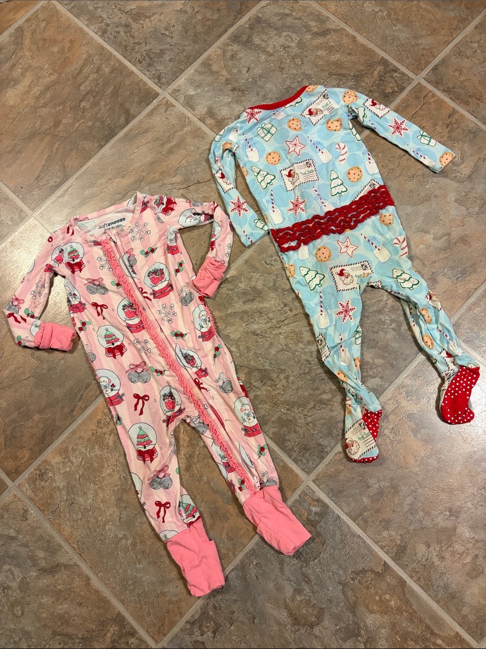 Soft Snooze Pink and Light Blue Holiday Footed Pajama Set 6-12 months